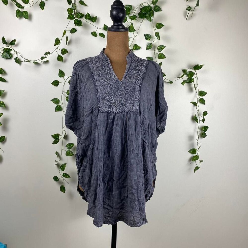 OS Gray slate Embroidered Boho Blouse v-neck asymmetrical hem fairy grunge tunic